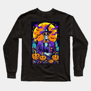 Happy Halloween Day Horror Spooky Skeleton Bones Skull Long Sleeve T-Shirt